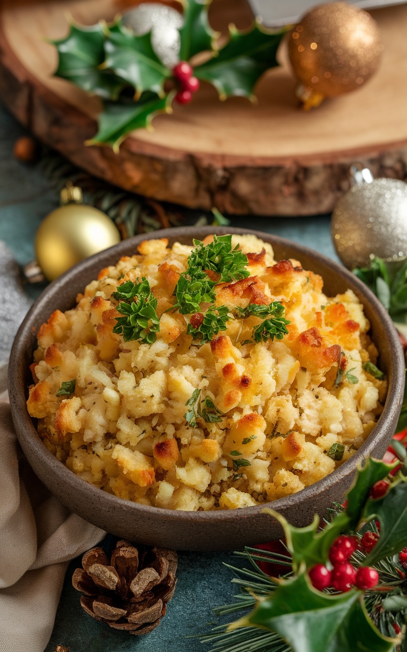 A bowl of keto stuffing made with cauliflower, celery, and herbs, garnished with parsley, on a festive table.